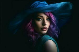 un mujer con un azul pelo y un púrpura sombrero foto