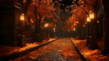 AI generated, autumn leaves fall down from the trees in the night, in the style of fantastical street, orange and gold, rich and immersive, iconic, passage. photo