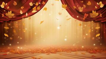 Autumn theme image background with space for text, vibrant stage backdrops, gold and crimson, AI generated. photo
