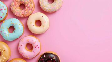 Pattern of various flavors of donuts with soft light brown background, top view with blank space for text, minimalism style, AI generated. photo
