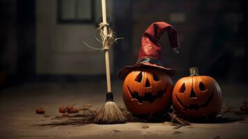 Two pumpkins in front of two sticks and a broom with space for text, in the style of dark and gritty, historical themes, chilling creatures, AI generated. photo