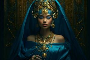 a woman with a blue dress and gold jewelry on her photo