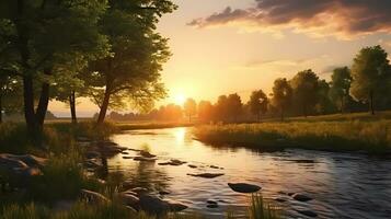 Sunset scene with a river and spring trees, style of photo realistic, cinematic style, space for text, AI generated.