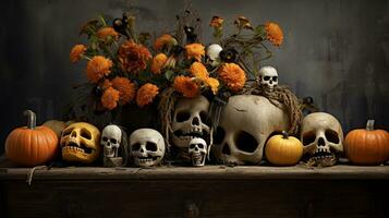 Image of happy halloween to everyone who likes to be happy, skulls, in the style of rustic textures, evocative, captivating, AI generated. photo