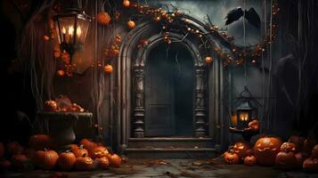 The halloween decorations, in the style of evocative textures, rustic textures, carving, light orange and light maroon, mysterious backdrops, AI generated. photo