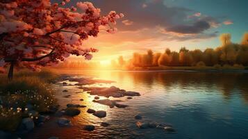 Sunset scene with a river and spring trees, style of photo realistic, cinematic style, space for text, AI generated.