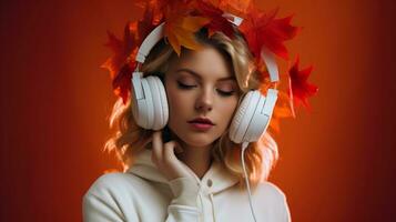 un joven mujer vistiendo blanco auriculares con otoño arce hojas en su cabello, en un ligero blanco y rosa, ai generado. foto