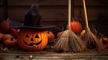 Pumpkins in front of two sticks and a broom with space for text, in the style of dark and gritty, associated press photo, whistlerian, historical themes, chilling creatures, AI generated. photo