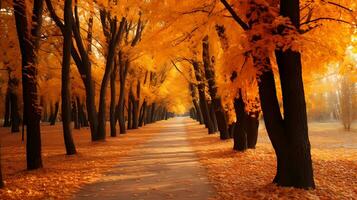 el camino Entre el hojas en un otoño parque, en el estilo de oscuro naranja y ligero oro, fantástico calle, ai generado. foto