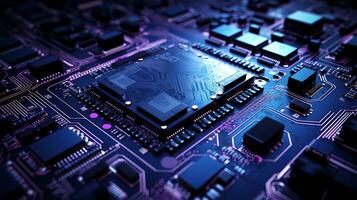 A computer circuit board in a dark background, in the style of sky-blue and purple, boldly textured surfaces, science-based, AI generated. photo
