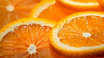 A close-up shot of freshly cut orange slices, showcasing the juicy texture and vibrant color. citrus slices, juicy, close-up, freshness, vibrant color. AI Generated. photo