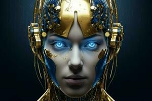 a woman with a gold robot face and a blue eye photo