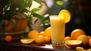 A glass of freshly blended orange smoothie with a backdrop of whole oranges and citrus peels. orange smoothie, freshly blended, citrus peels, backdrop, refreshment. AI generated. photo