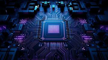 A computer circuit board in a dark background, in the style of sky-blue and purple, boldly textured surfaces, science-based, AI generated. photo