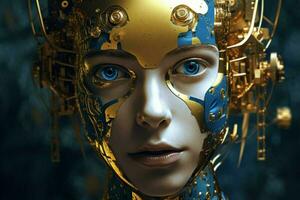 a woman with a gold robot face and a blue eye photo