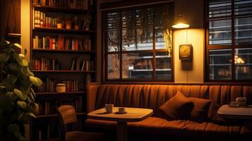 A cozy corner in a coffee shop adorned with warm lighting and comfy seating. cozy, lighting, ambiance, comfort, coffee shop. AI generated. photo