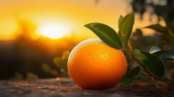 A single orange fruit bathed in the warm hues of a sunset, emphasizing its radiance and natural beauty. sunset, citrus glow, warm hues, natural beauty, AI generated. photo