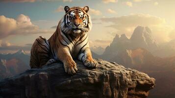 A tiger sitting on the rock with mountain landscape in background, blank space for text, AI generated. photo