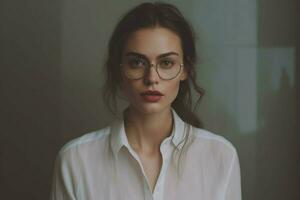 un mujer con lentes y un blanco camisa foto