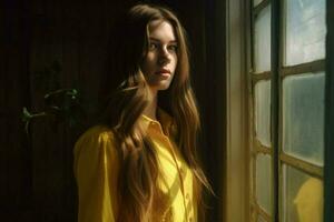 a woman with long hair and a yellow shirt is standi photo