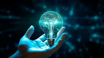 ight bulb with futuristic hand in the space, in the style of light teal and dark navy, AI generated, dynamic energy flow. photo