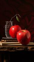 A carefully arranged still life composition featuring a red apple as the focal point, surrounded by complementary elements. Vertical format, AI generated. photo