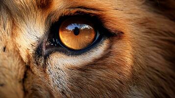 A close-up of a lion's face, capturing its intricate details and expressive eyes, while leaving an area for text placement. close encounter, intricate details, expressive eyes, AI generated. photo