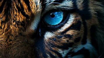 A close-up of a tiger's face, capturing its intricate details and expressive eyes, while leaving an area for text placement. close encounter, intricate details, expressive eyes, AI generated. photo