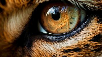 A close-up of a tiger's face, capturing its intricate details and expressive eyes, while leaving an area for text placement. close encounter, intricate details, expressive eyes, AI generated. photo