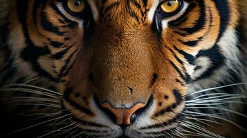 A close-up of a tiger's intense gaze, highlighting its piercing eyes and strong facial features, with an open area for text incorporation. Text space, AI generated. photo