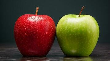 A composition featuring a red apple and a green apple side by side, highlighting their vibrant colors and textural differences. contrasting colors, AI generated. photo