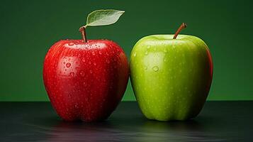 A composition featuring a red apple and a green apple side by side, highlighting their vibrant colors and textural differences. contrasting colors, AI generated. photo