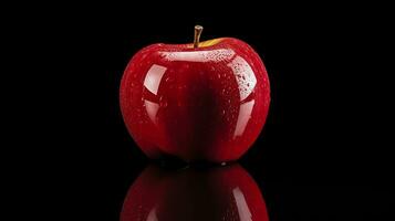 A red apple placed near a reflective surface, capturing its reflection and adding an artistic twist to the image. apple reflection, red apple, reflective surface, AI generated. photo