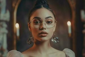 a woman with glasses that saysthe word beauty photo