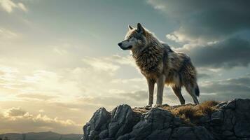 un solitario lobo en pie reloj encima un rocoso colina, sus mirada fijo y alerta, con habitación para texto en contra el cielo. ai generado. foto