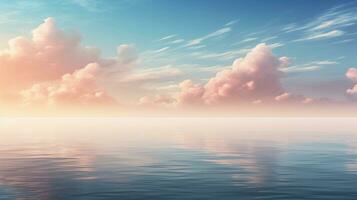 un sereno costero escena con calma aguas y un pacífico horizonte, dejando espacio para texto cerca el cielo o línea del agua. ai generado. foto