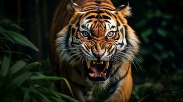 A powerful tiger captured in mid-roar, its majestic presence dominating the frame, leaving a clear area for text placement. regal roar, powerful tiger, majestic presence, AI generated. photo