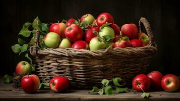 A rustic wooden basket filled with a mix of red and green apples, capturing the essence of a wholesome harvest. AI generated. photo