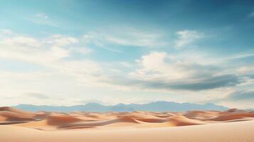 un barriendo Desierto paisaje con arena dunas y un expansivo cielo, ofrecimiento un despejado fondo para texto cubrir. ai generado. foto