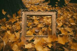 a wooden frame with leaves on it that saysautumnon photo