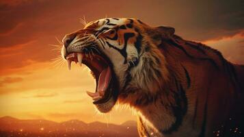 A tiger roaring against a golden-hued sunset, combining power and natural beauty, offering space for text near the horizon. AI generated. photo