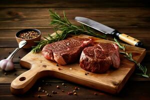 a wooden cutting board with steaks and a knife ne photo