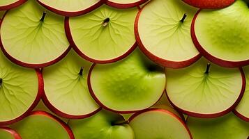 rebanadas de rojo y verde manzanas arreglado en un artístico patrón, exhibiendo su interior texturas y único características. ai generado. foto