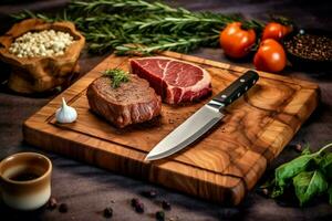 un de madera corte tablero con filetes y un cuchillo nordeste foto