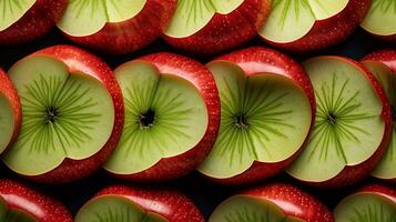 Slices of red and green apples arranged in an artistic pattern, showcasing their inner textures and unique characteristics. AI generated. photo