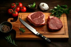 a wooden cutting board with steaks and a knife ne photo