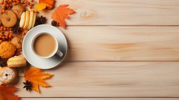 op view of a cozy scene of thanksgiving day meal on a light orange wooden table with space for text, creating a warm atmosphere and a spot for text along the edge. AI generated. photo