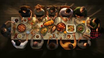 Top view of A warm scene of family members gathered around a Thanksgiving feast with space for text, capturing the joy and togetherness of the occasion, AI generated. photo