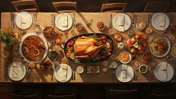 Top view of A warm scene of family members gathered around a Thanksgiving feast with space for text, AI generated. photo