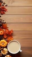 Top view of a cozy scene of thanksgiving day meal on a light orange wooden table with space for text, creating a warm atmosphere and a spot for text along the edge. Vertical, AI generated. photo